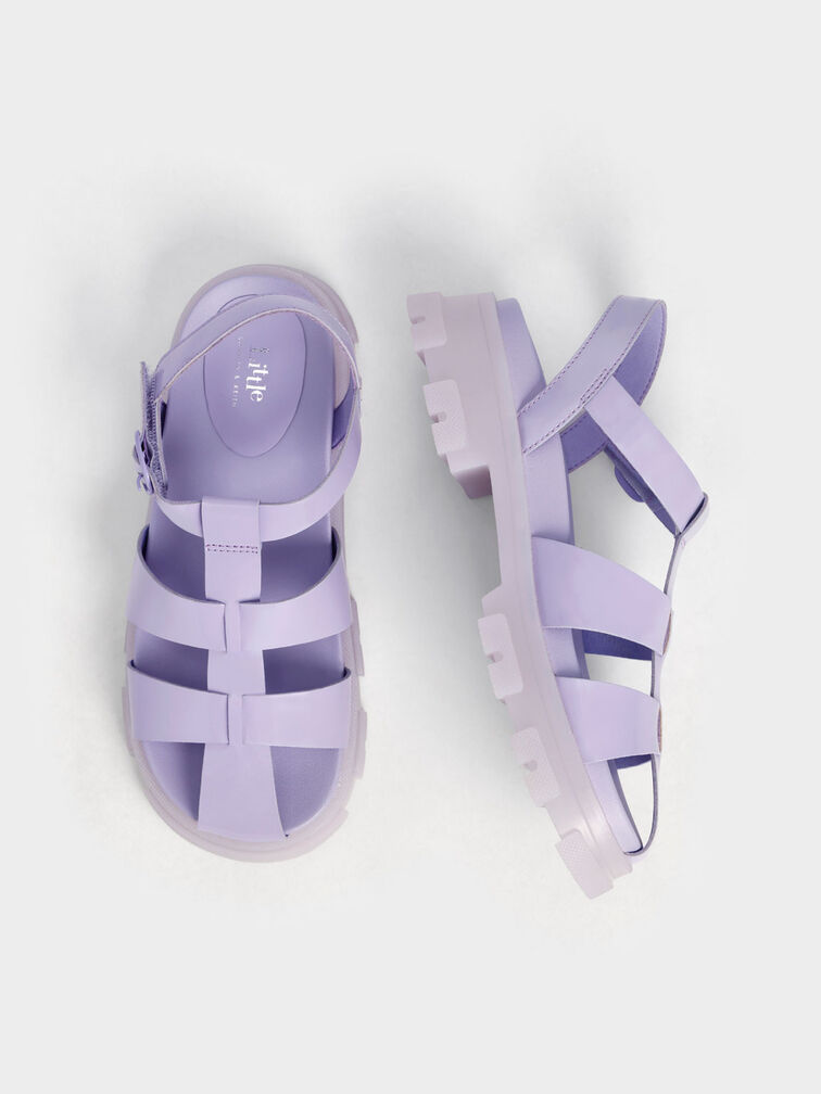 Girls' Patent Caged Sandals, Lilac, hi-res