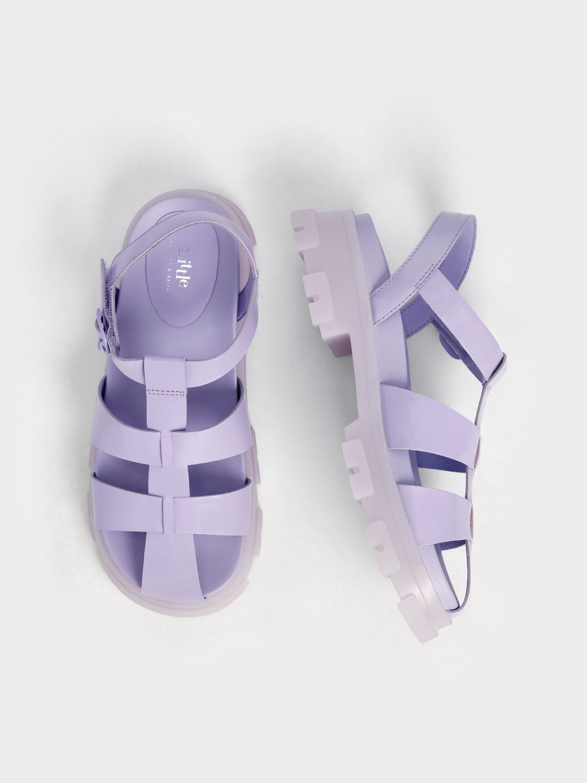 Girls' Patent Caged Sandals, Lilac, hi-res