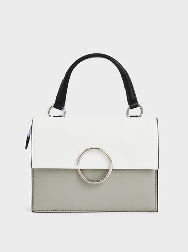 Two-Tone Ring Detail Top Handle Bag, Grey, hi-res