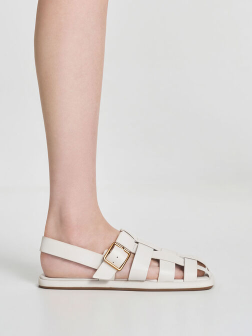 Metallic Buckle Caged Slingback Sandals, Chalk, hi-res