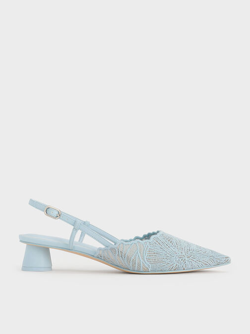 Crochet Floral Pointed-Toe Slingback Pumps, Blue, hi-res