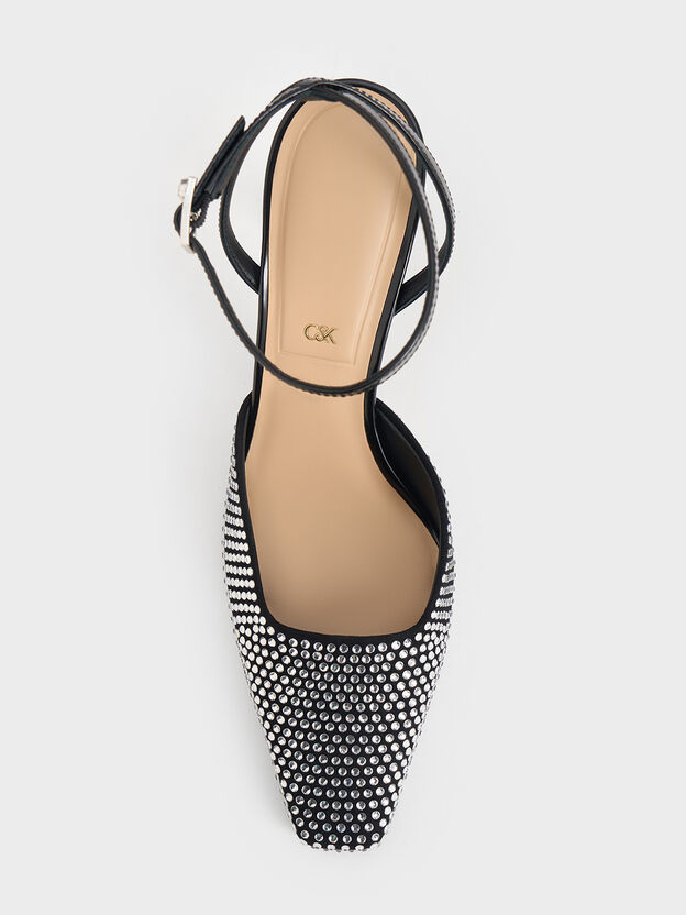 Leather & Suede Crystal Ankle-Strap Pumps, Black, hi-res
