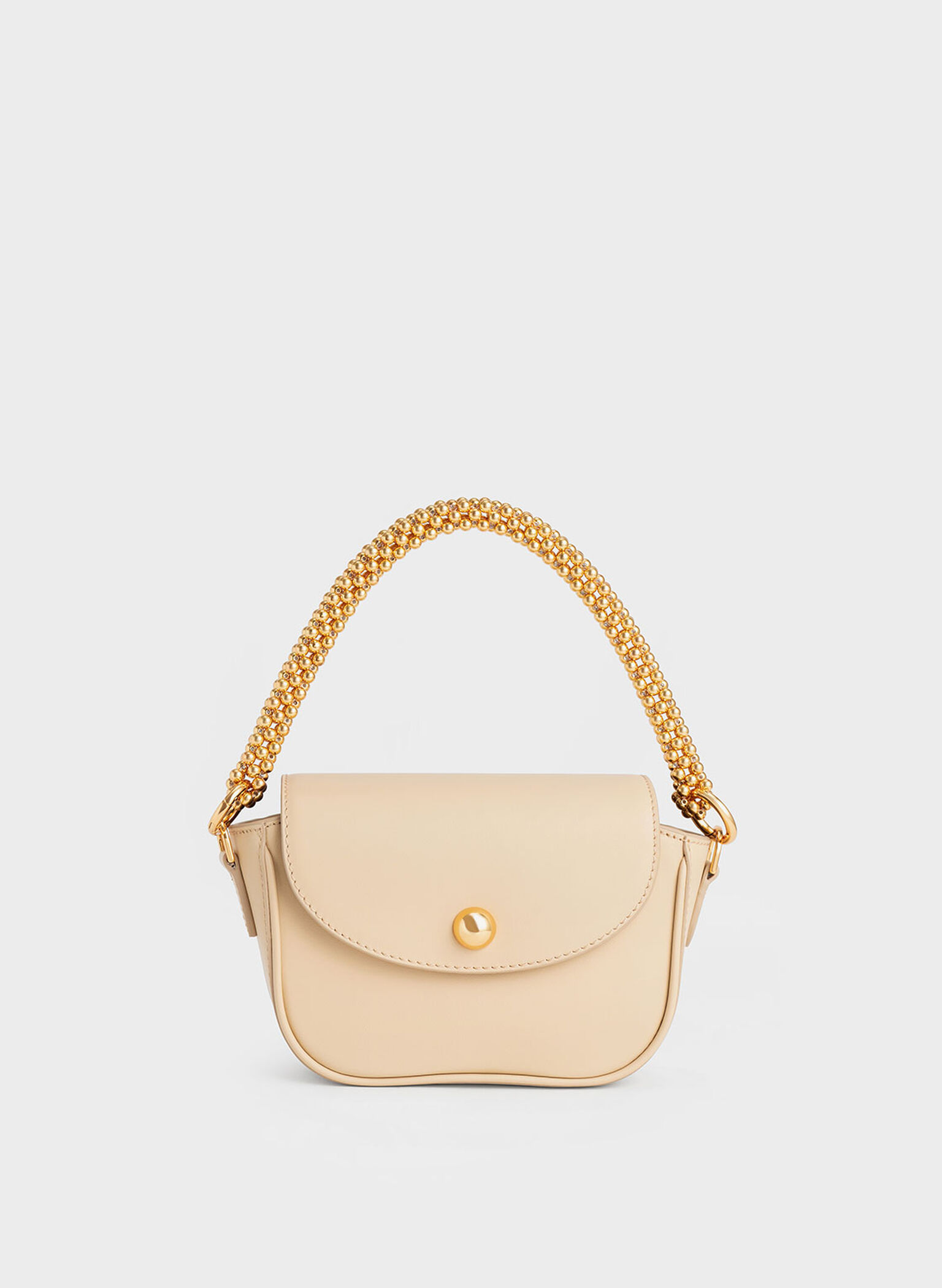 Beaded Metallic Handle Sculptural Bag, Sand, hi-res