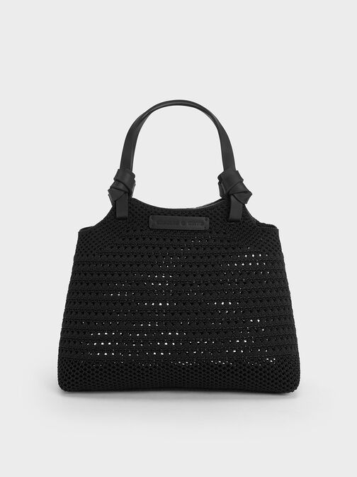 Bolso tote tejido con asa anudada, Negro, hi-res