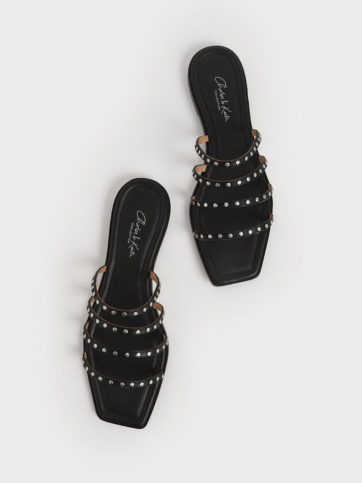 Studded Leather Flat Sandals, Black, hi-res
