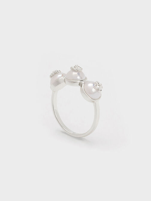 Flower-Embellished Triple Pearl Ring, Silver, hi-res