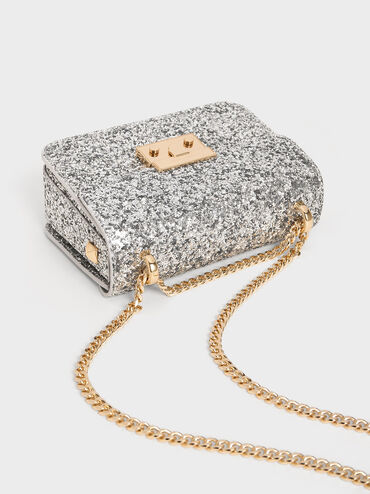 Glittered Push-Lock Chain-Handle Bag, Silver, hi-res