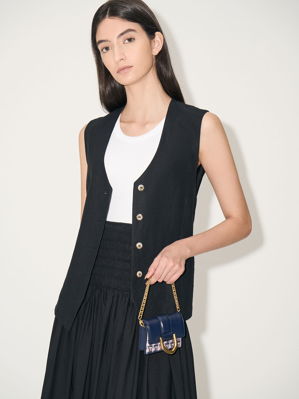 Gabine Tweed Chain-Link Cardholder, Navy, hi-res