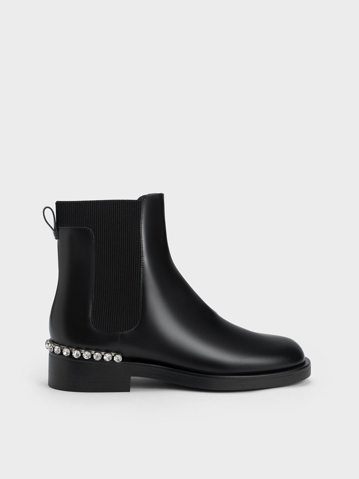 Black Leather Gem-Embellished Chelsea Boots - CHARLES KEITH US