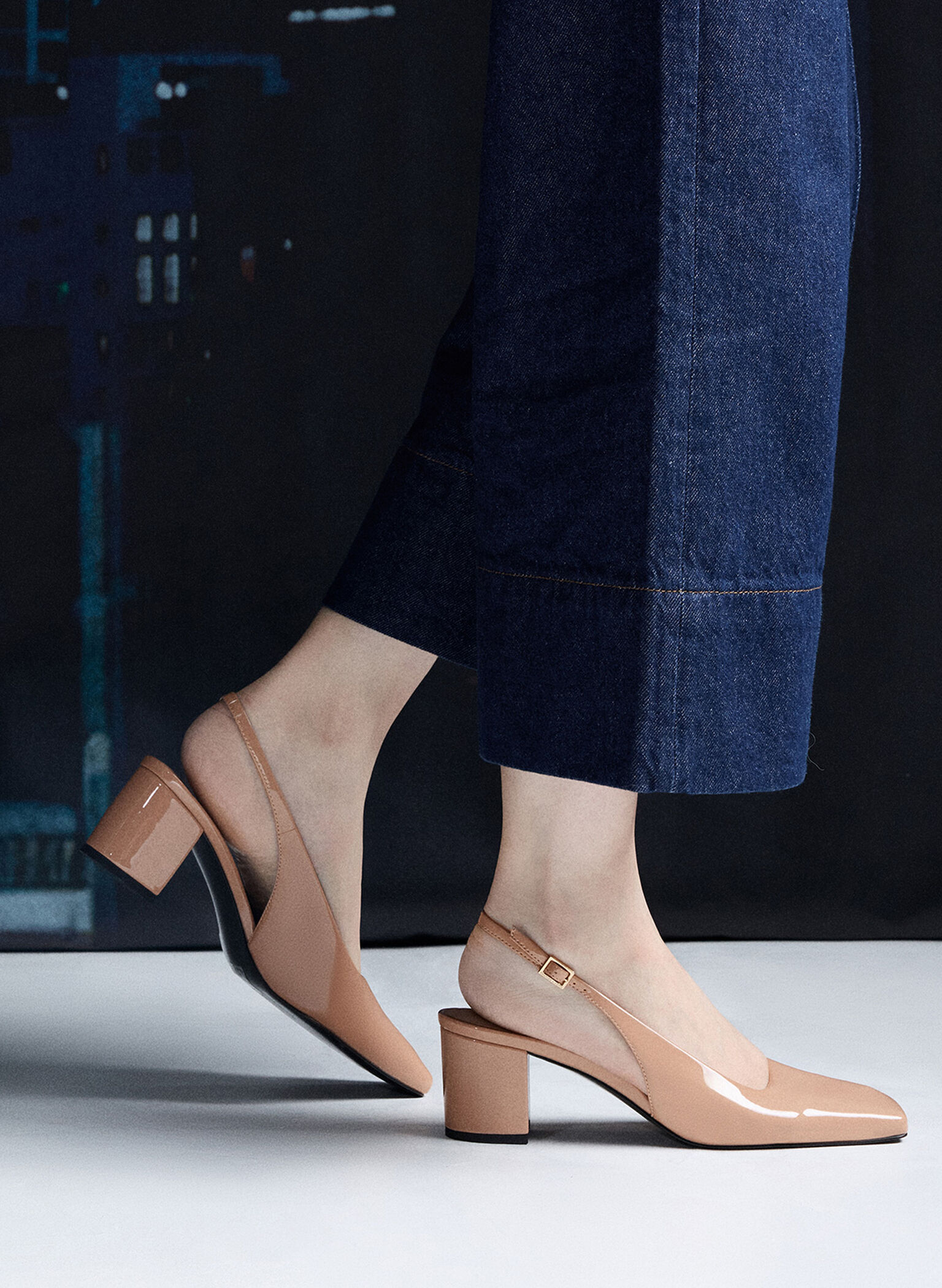 Patent Square-Toe Slingback Pumps, Nude, hi-res