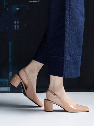 Patent Square-Toe Slingback Pumps, Nude, hi-res