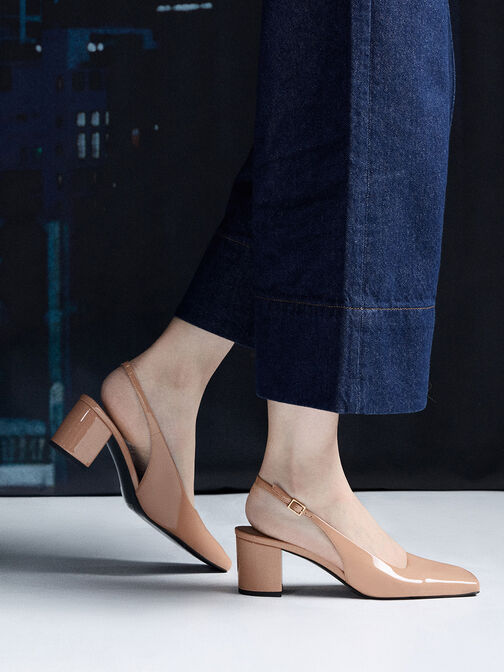 Patent Square-Toe Slingback Pumps, Nude, hi-res