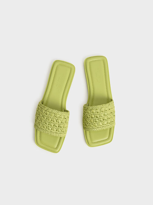 Raffia Slide Sandals, Green, hi-res