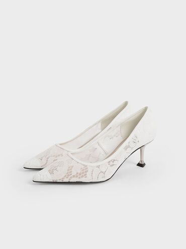 Zapatos de encaje con tacón escultural, Blanco, hi-res