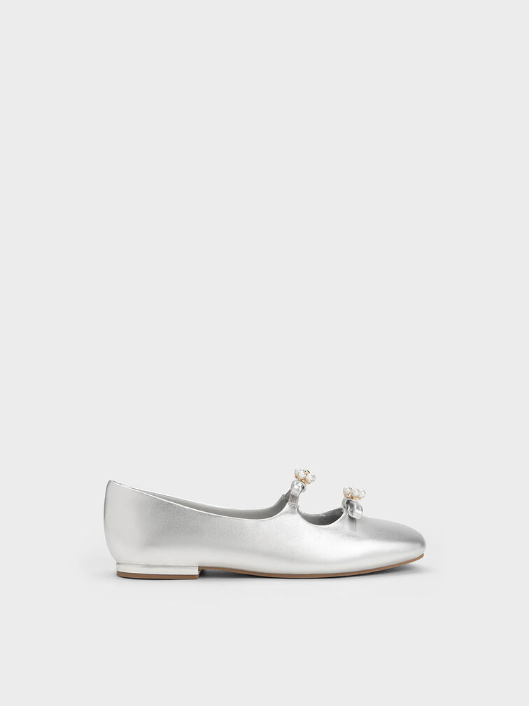 Silver Girls' Floral Beaded Metallic Ballerinas - CHARLES & KEITH SG