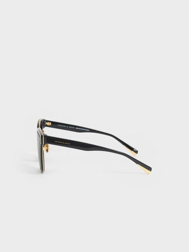 Gold-Trim Rectangular Sunglasses, Black, hi-res