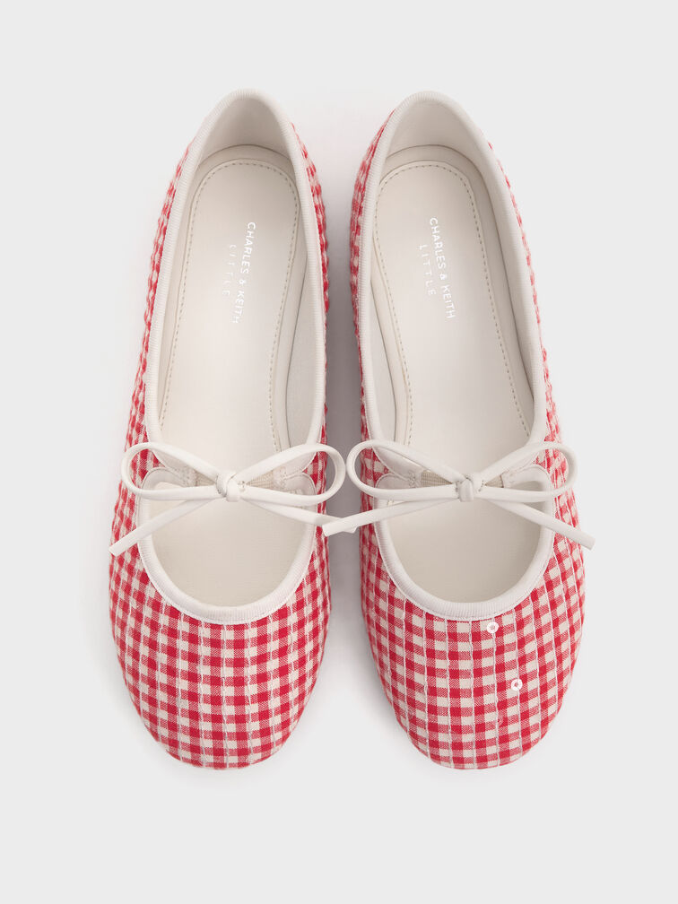 Girls' Gingham Bow Ballet Flats, Red, hi-res