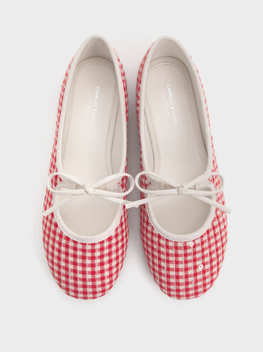 Girls' Gingham Bow Ballet Flats, Red, hi-res