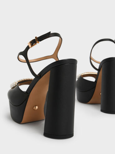 Sandalias de plataforma de cuero adornadas con cuentas, Negro, hi-res