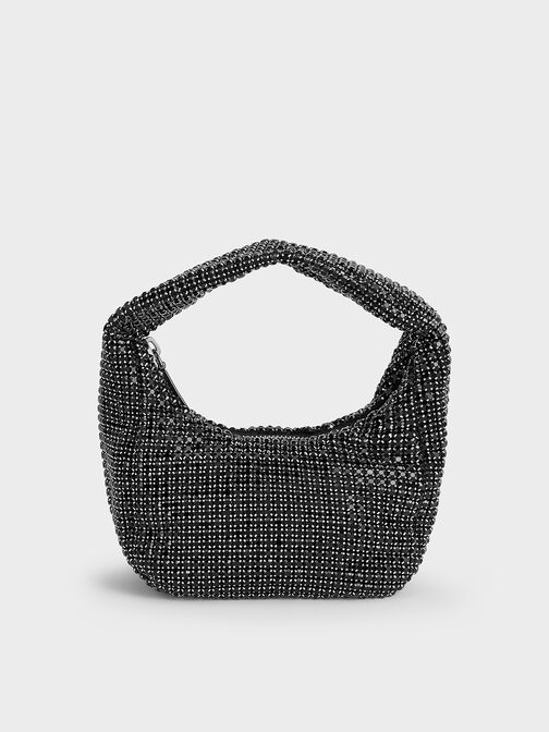 Bolso hobo con adornos de cristal, Noir, hi-res