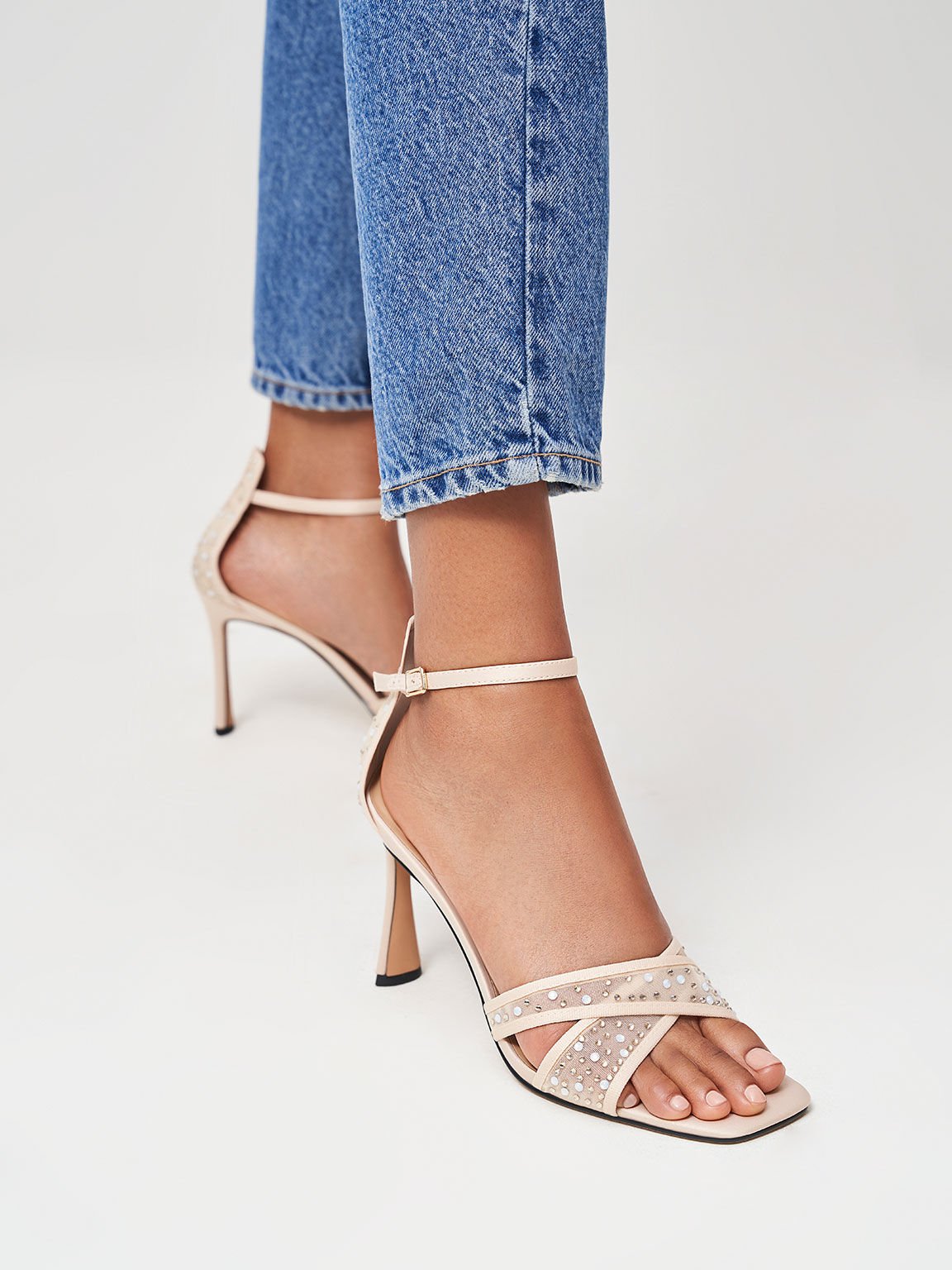 Blythe Mesh & Satin Embellished Sandals, Nude, hi-res