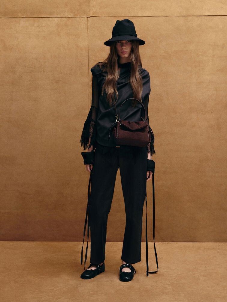 Khai Recycled Suede Ruched-Flap Side-Pocket Top Handle Bag, Espresso Brown, hi-res