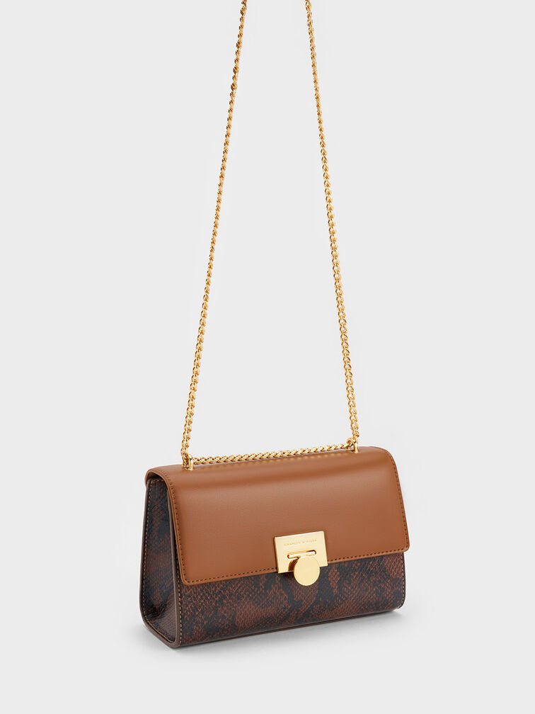 Chocolate Snake Print Chain-Strap Bag - CHARLES & KEITH SG