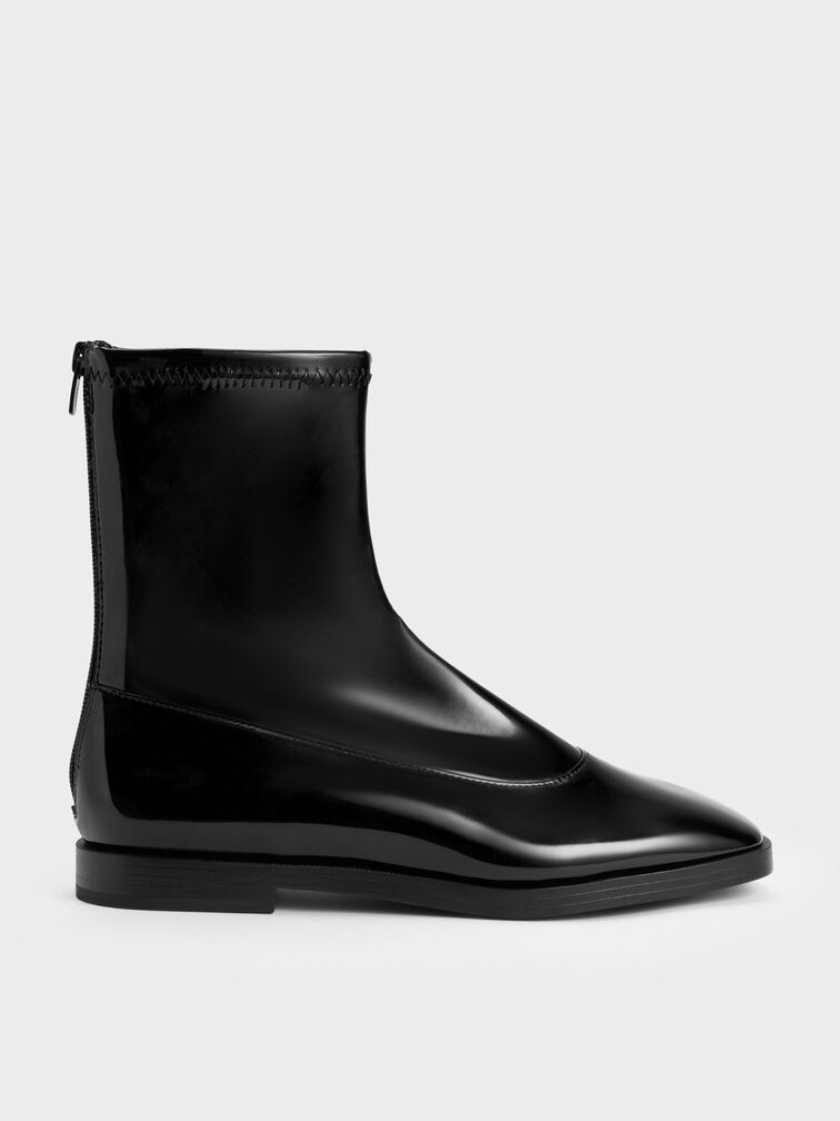 Patent Zip-Up Ankle Boots, Black Textured, hi-res
