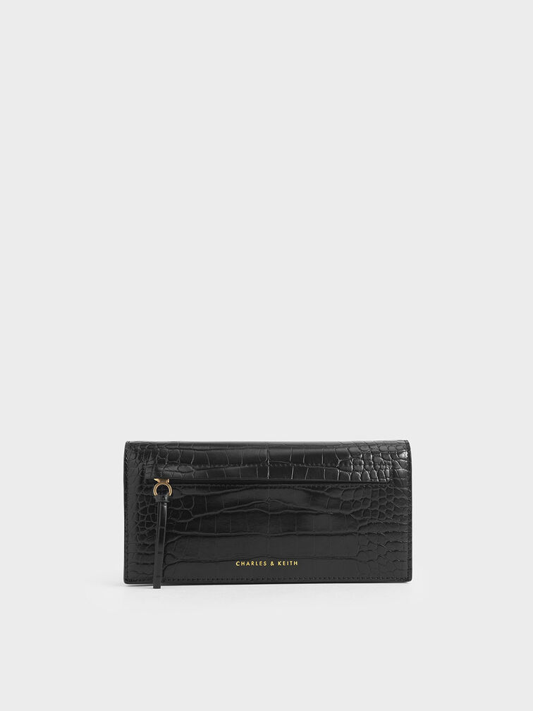 Mini Croc-Effect Front Zip Long Wallet, Black, hi-res