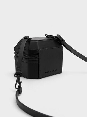 Bolso geométrico tipo caja con asa superior, Negro, hi-res