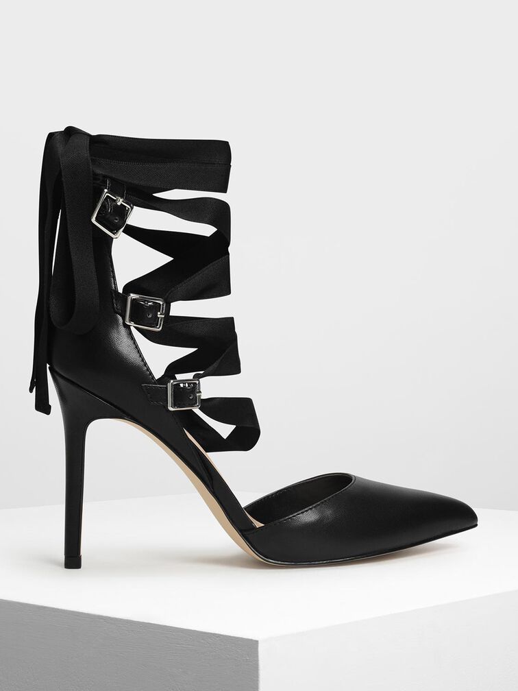 Lace Up Pointed Pumps, Black, hi-res