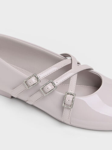 Girls' Patent Triple-Strap Mary Jane Flats, Lilac, hi-res