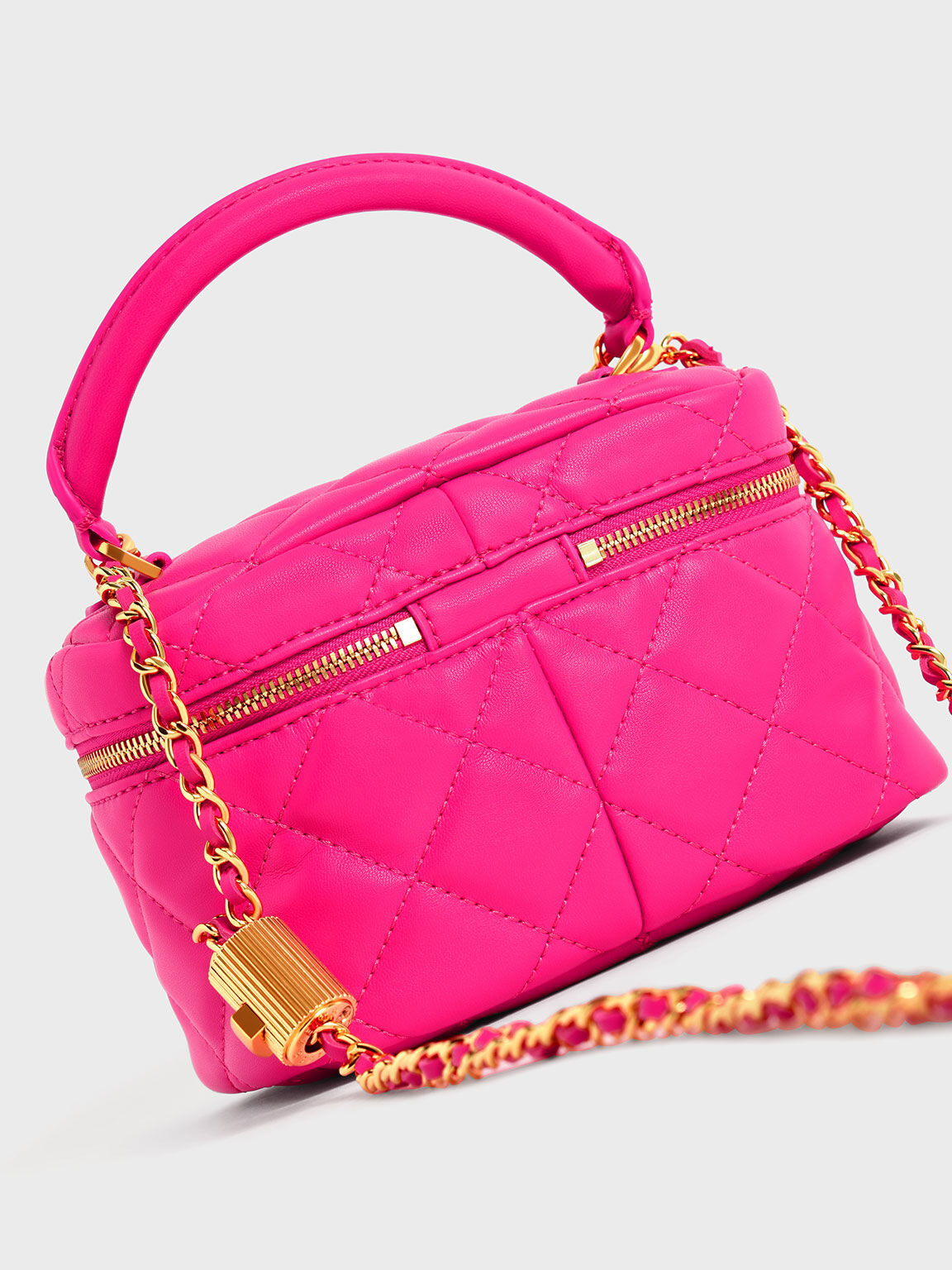Quilted Two-Way Zip Mini Bag, Fuchsia, hi-res
