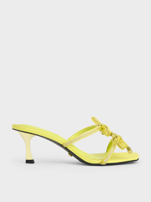 Gem-Embellished Bow-Tie Mules, Yellow, hi-res