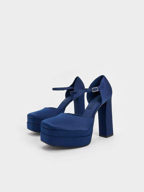 Satin Platform D'Orsay Pumps, Dark Blue, hi-res