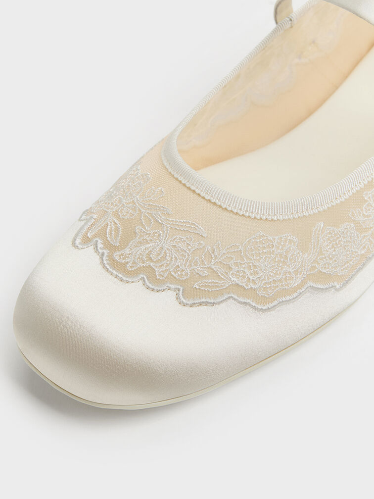 Satin Embroidered-Mesh Mary Jane Flats, White, hi-res