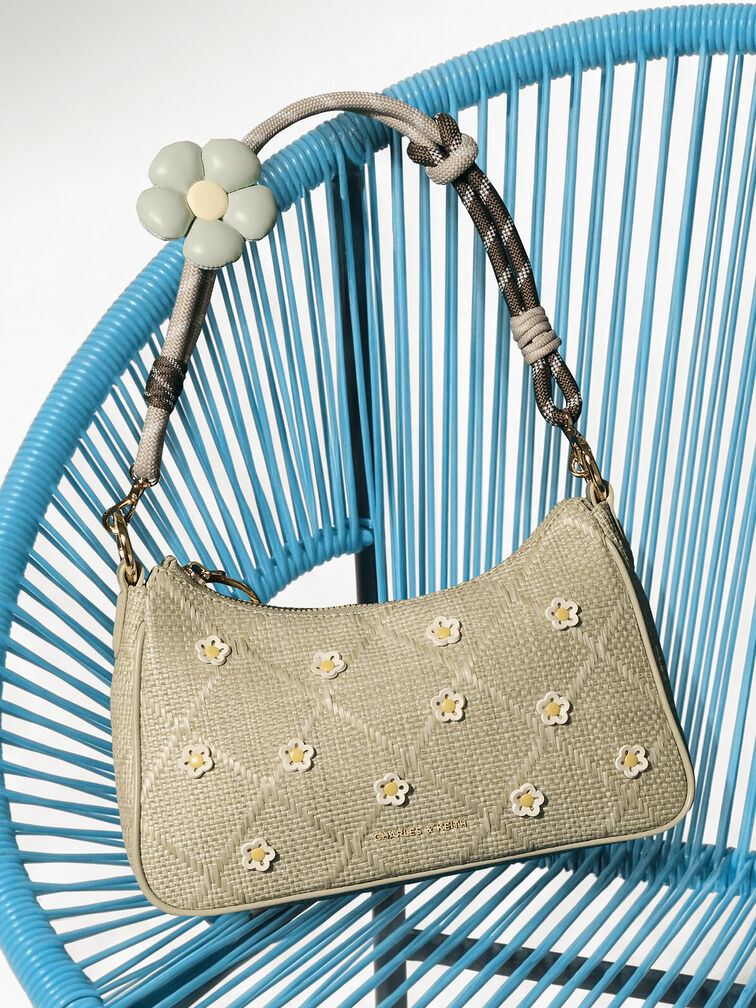 Philomena Raffia Flower Crossbody Bag, Pale Olive, hi-res