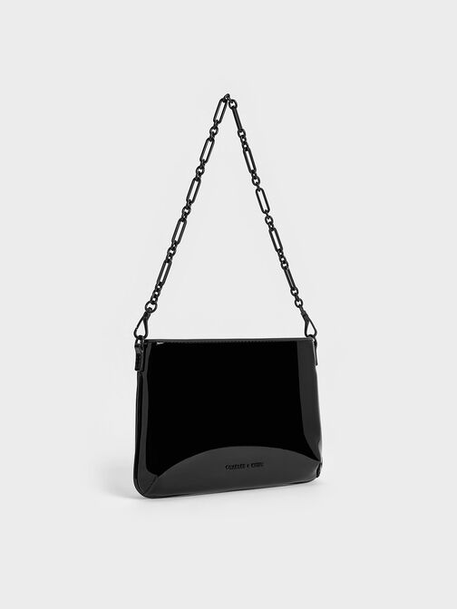Patent Chain-Handle Shoulder Bag, Jet Black, hi-res