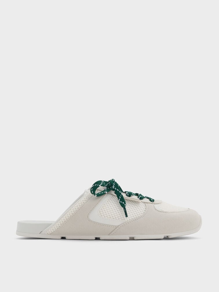 Mesh Patterned-Lace Slip-On Sneakers, White, hi-res