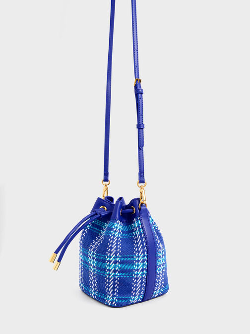 Tweed Braided-Handle Drawstring Bucket Bag, Cobalt, hi-res