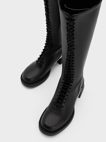 Devon Metallic-Accent Lace-Up Knee-High Boots, Black, hi-res