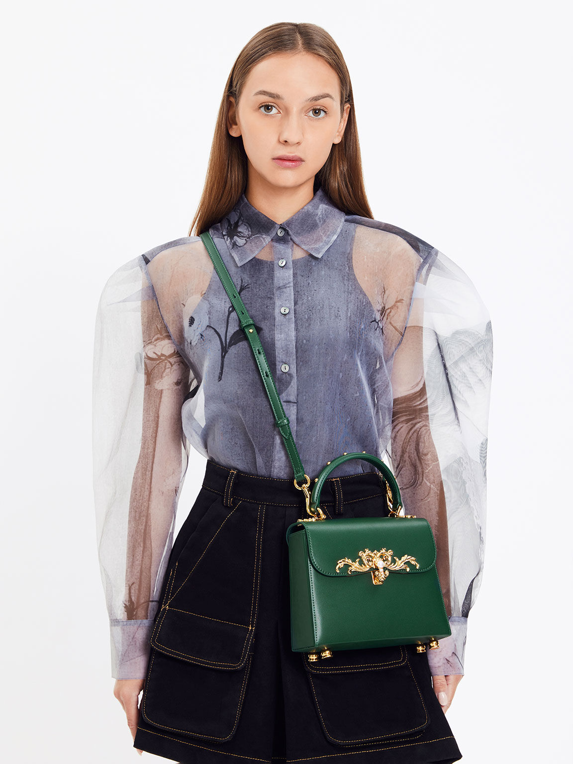 Merial Metallic Accent Top Handle Bag, Dark Green, hi-res