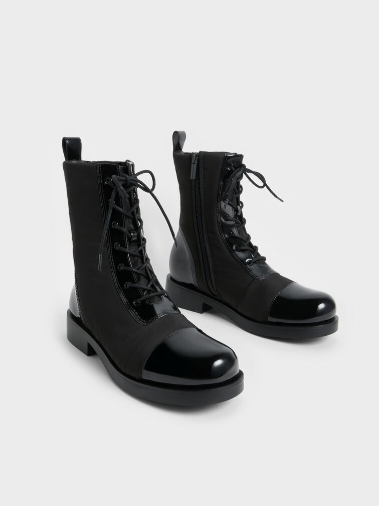 Nylon & Patent Combat Boots, Black, hi-res