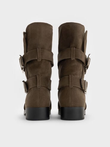 Brett Faux Suede Buckle-Strap Calf Boots, Dark Brown Textured, hi-res