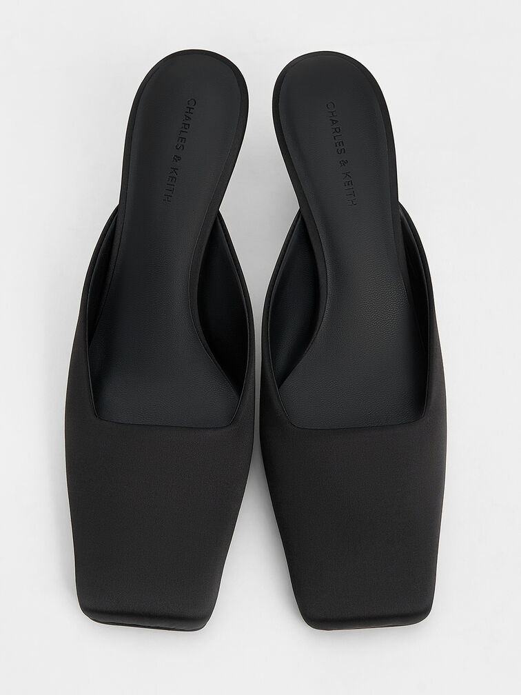 Satin Square-Toe Blade-Heel Mules, Black Textured, hi-res