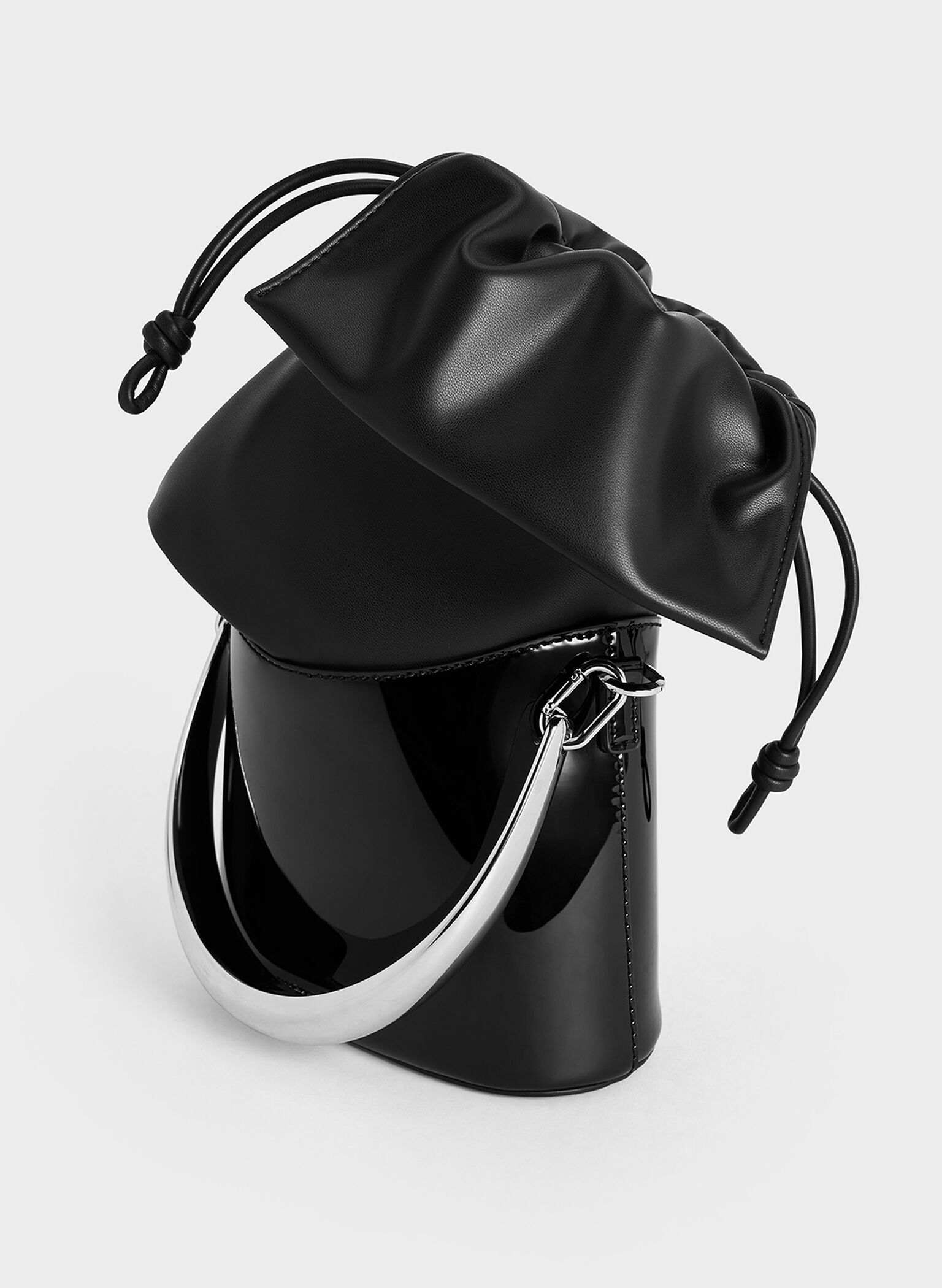 Patent Ruched-Flap Drawstring Bucket Bag, Noir, hi-res