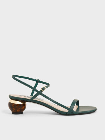 Sculptural Heel Ankle Strap Sandals, Green, hi-res
