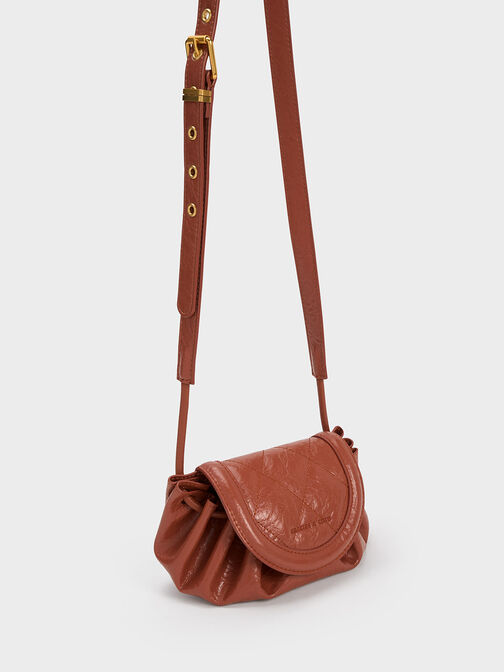 Mini Blossom Curved Flap Quilted Crossbody Bag, Brick, hi-res