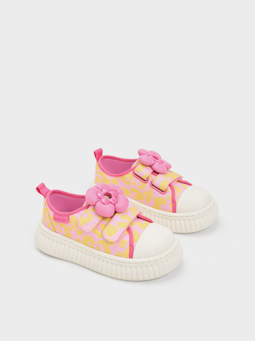 Girls' Puffy Flower Printed Sneakers, Light Pink, hi-res