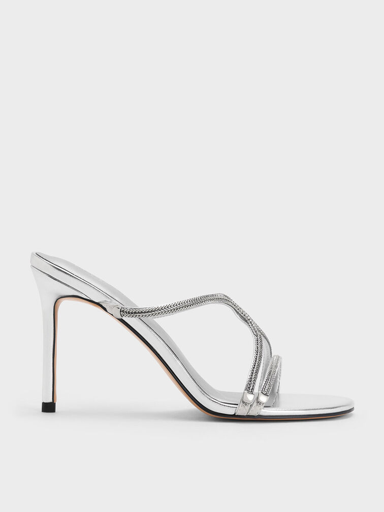 Silver Metallic Braided Strappy Heeled Mules - CHARLES & KEITH SG